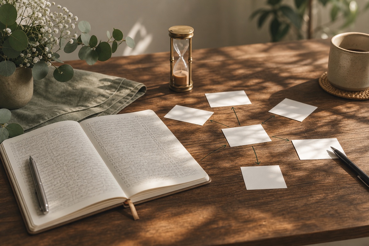 An open notebook, branching decision cards, an hourglass, eucalyptus, and baby’s breath in warm window light