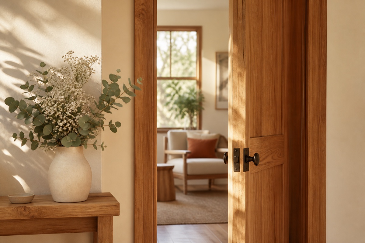 A partially open wooden door beside eucalyptus and baby’s breath in warm window light