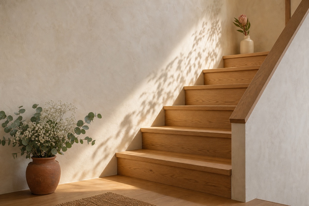 Warm sunlight falls across a natural oak staircase, with eucalyptus and baby's breath at the lower landing and a blush flower above.