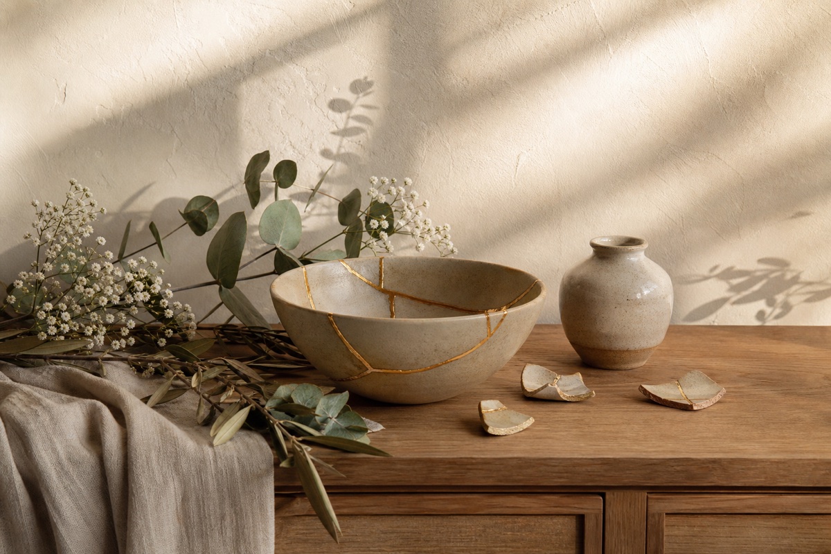 A kintsugi-repaired ceramic bowl beside an intact vessel and ceramic fragments, with eucalyptus, baby’s breath, and olive branches in warm afternoon light